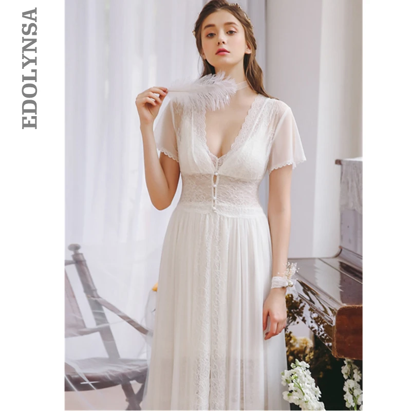 

2019 Hot Couple Bathrobe Female Home Robe Gown Set Bride Pajamas Transparent Kimono Sexy Cotton Nightie Lace Peignoir Sets T480