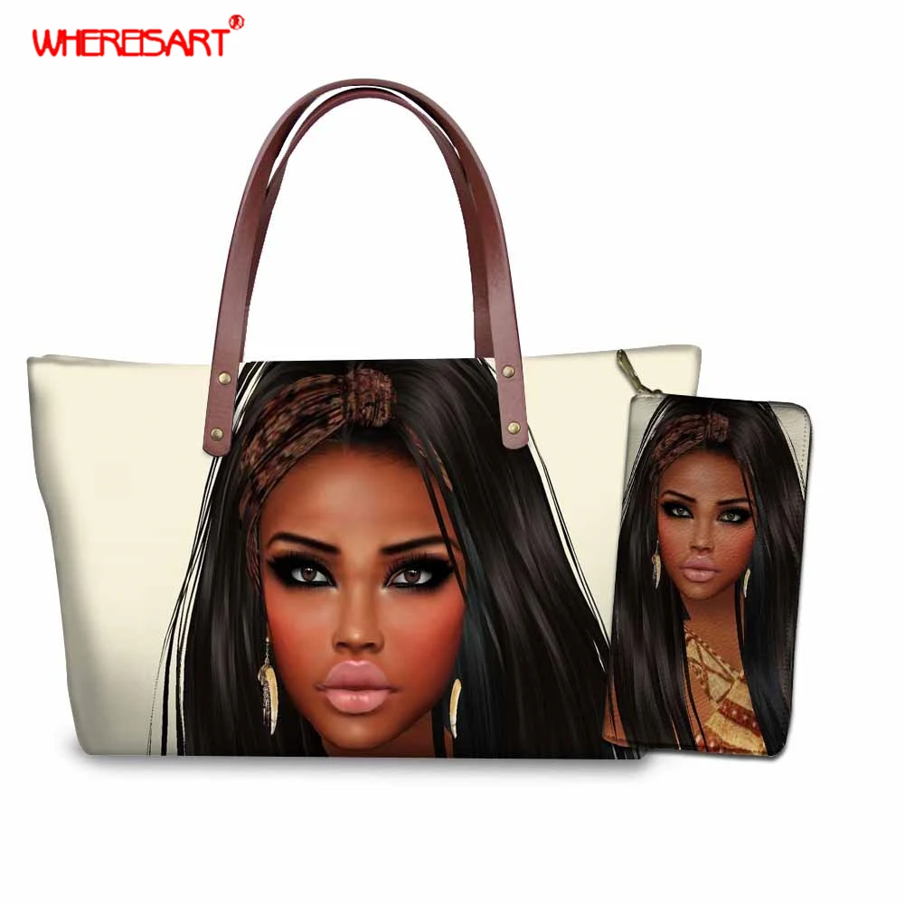 

WHEREISART Purses and Handbags Black Art African Two Pieces Set Pretty Women Handbag Purse for Women Ladies Hand Bags Beach Bag