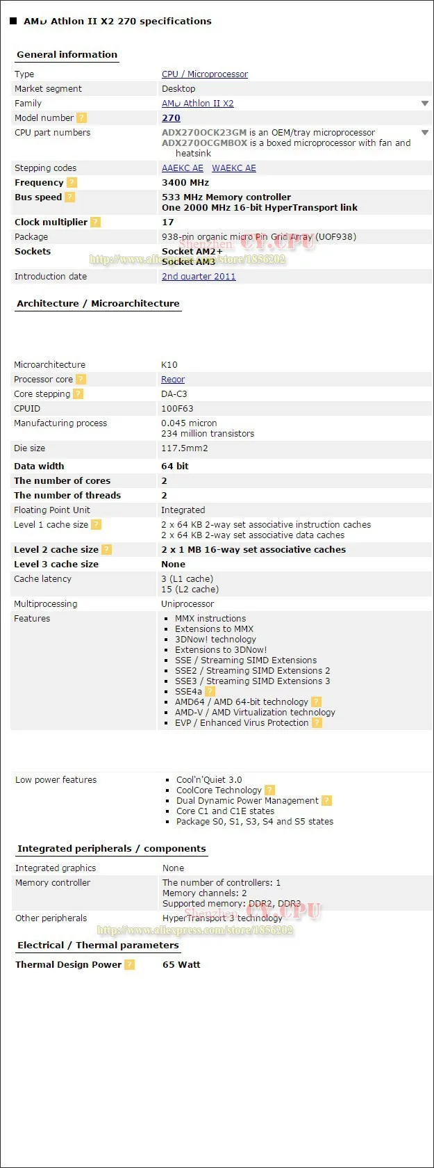 Процессор AMD Athlon II X2 270 cpu двухъядерный(3,4 ГГц/L2 = 2 м/65 Вт/2000 ГГц) Socket am3 am2+ 938 pin, X2 280