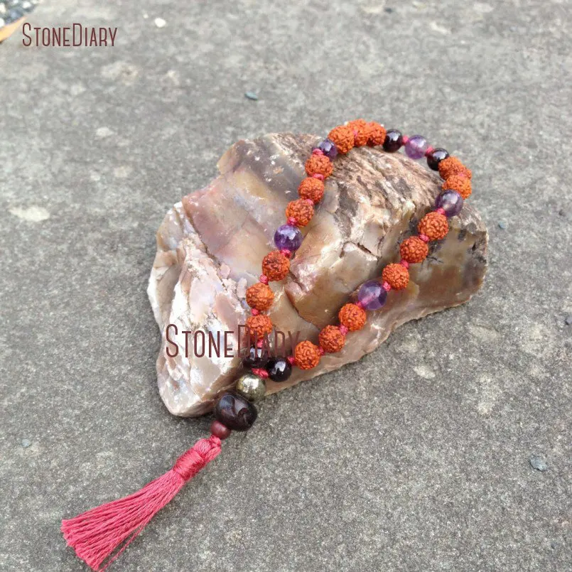 20180312-BM10991-Hand knotted Rudraksha, Amethyst & Garnet 27 Bead Pocket Quarter Mala natural purple gemstone pyrite mantra meditation prayer beads