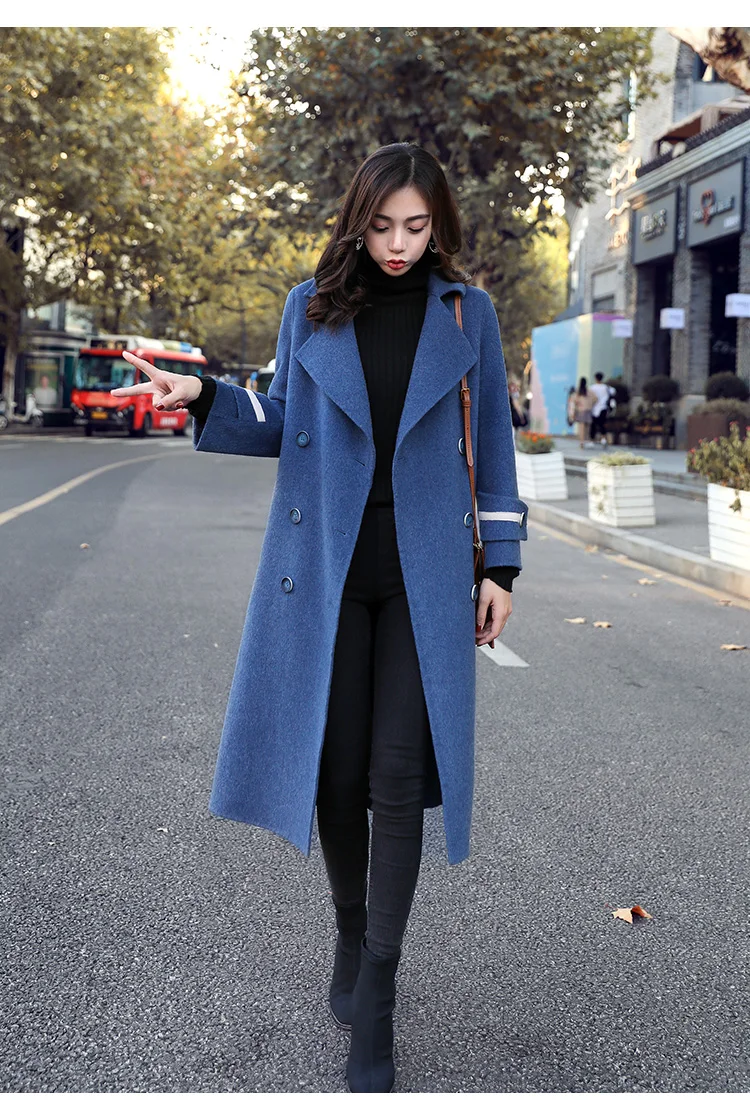 Дымчато-голубое двубортное шерстяное пальто для женщин, длинная секция, новинка, весна-осень, популярное Женское шерстяное пальто в стиле Хепберн, z34