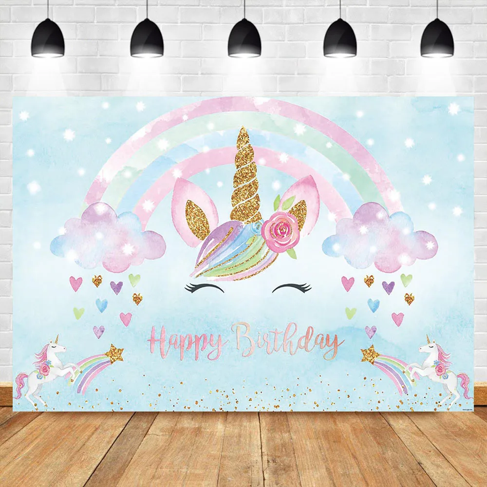 

NeoBack Gold Unicorn Rainbown Baby Girl Birthday Photo Background Photophone Love Blue Sky Colorful Clouds Photography Backdrops