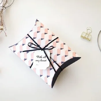 

10 set geometric pattern Candy Storage Boxes Gift Packaging pillow shape box with ribbon and tag