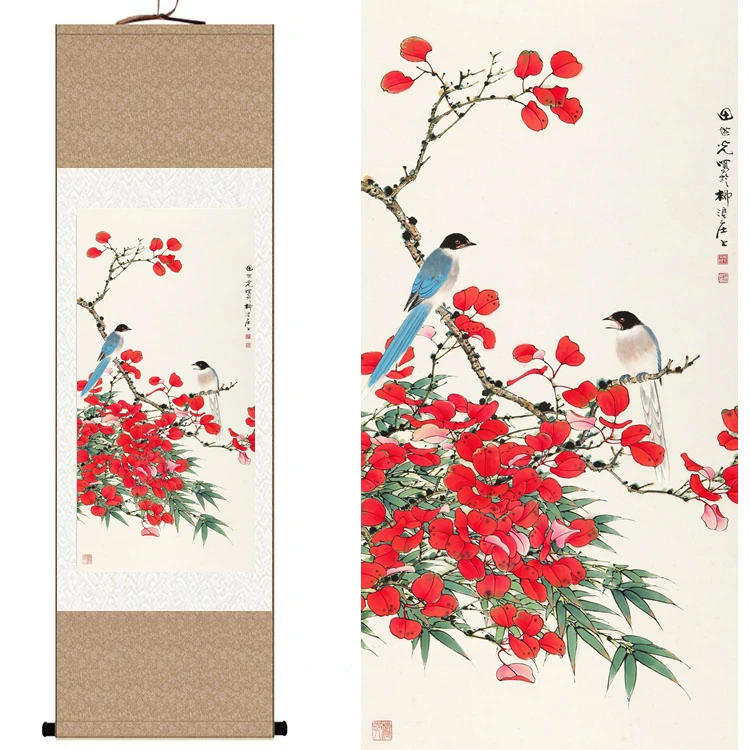 

Traditional Chinese Silk watercolor flower bird Red Maple leaves ink feng shui canvas wall picture damask framed scroll painting
