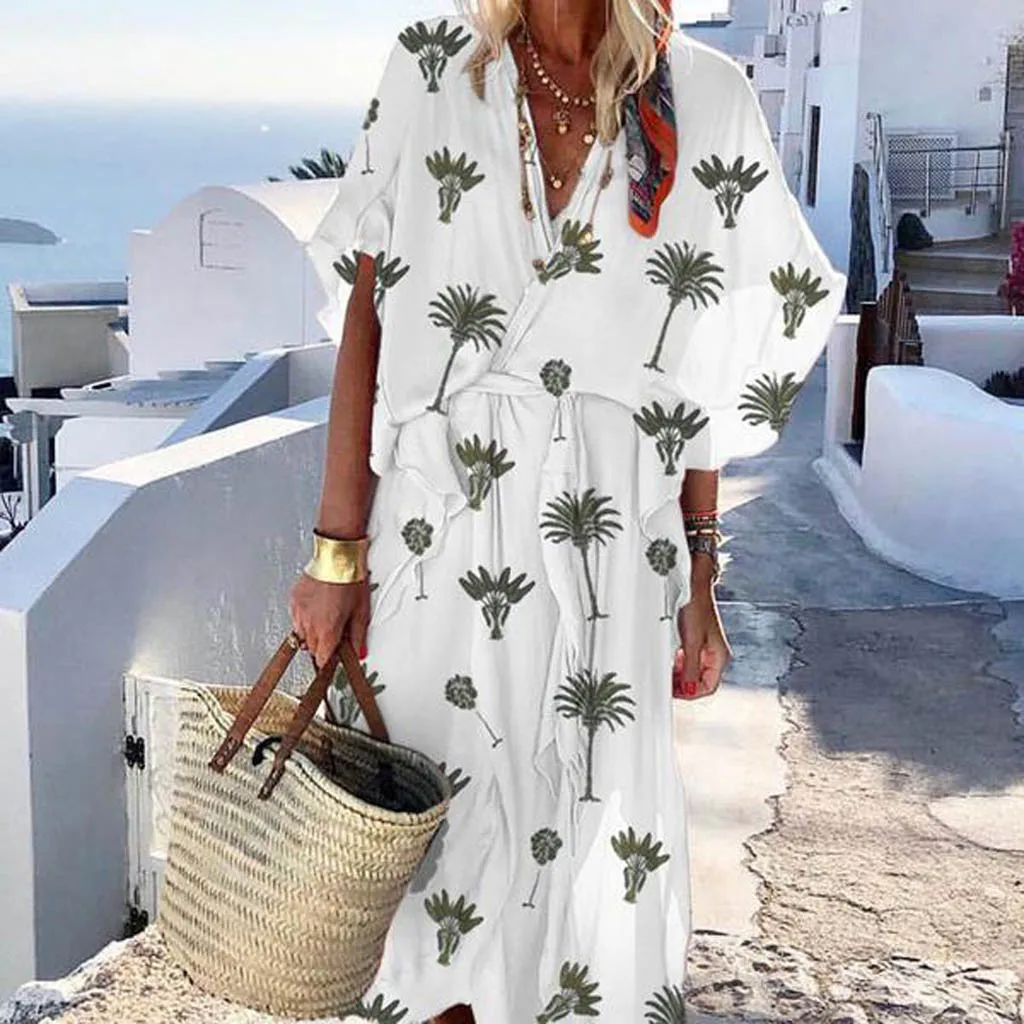 

2019 Fashion Summer Women Maxi Dress Loose V Neck Women Dresses Print Beach Boho Printed Leaf Ladies Dresses Plus Sizes 5XL