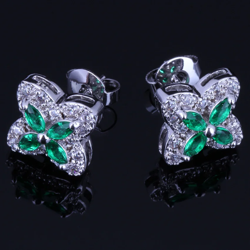 Сверкающие звезды зеленый кубический цирконий белый CZ 925 пробы серебряные серьги-гвоздики для женщин V0177