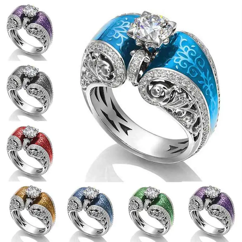 

Huitan Vintage Hollow Out Twine Design Seven Color Available Finger Ring Creative Clear Cubic Zircon Prong Setting Accessories