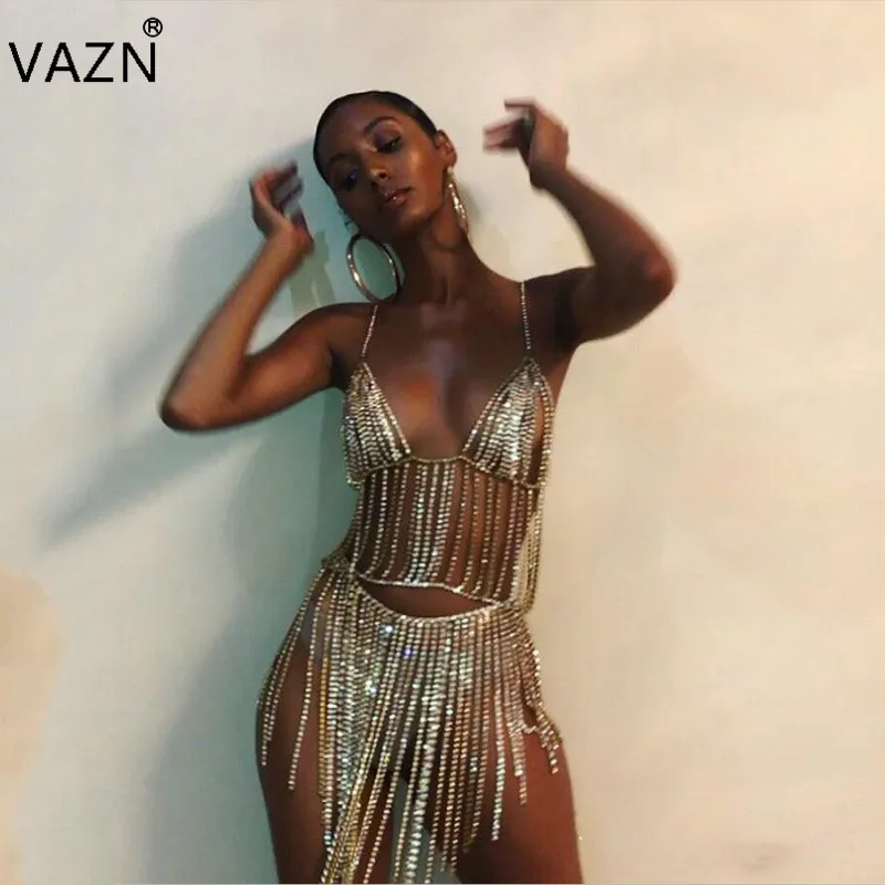 

VAZN Spring New Age Reduction 2019 Sexy 2-Pieces Solid Tassel Bodycon Women Deep V-Neck Sleeveless Tops Mini Skirts Dress FD1001