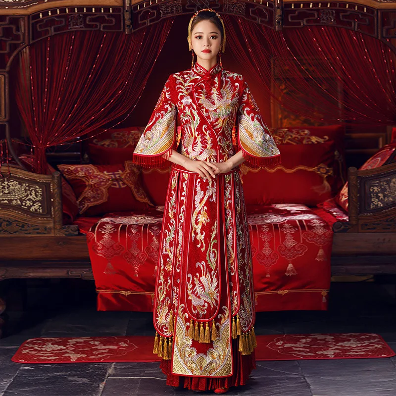 Китайская традиционная одежда невесты pratensis стильное свадебное платье женское платье с драконом тонкое cheongsam пара красное вечернее платье