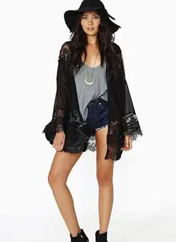 

2018 Women Lace Blouses Casual Loose Black Clothing Hollow Out Transparent Patchwork Kimono Cardigan blusas femininas F030