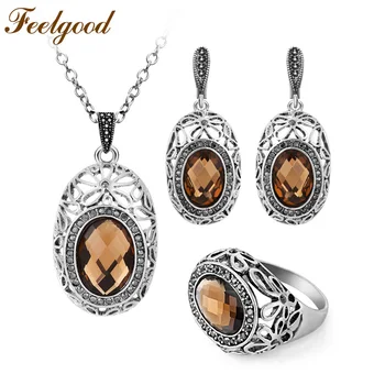 

Feelgood Jewellery Vintage Silver Color Hollow Out Flower And Brown Glass Crystal Pendant Necklace Set Women Jewelry Sets
