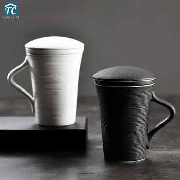 

Teacup with Filter Japanese tea mug infuser and lid Heat Resistant Spiral Stripe mug for tea Retro Porcelain Large Capacity