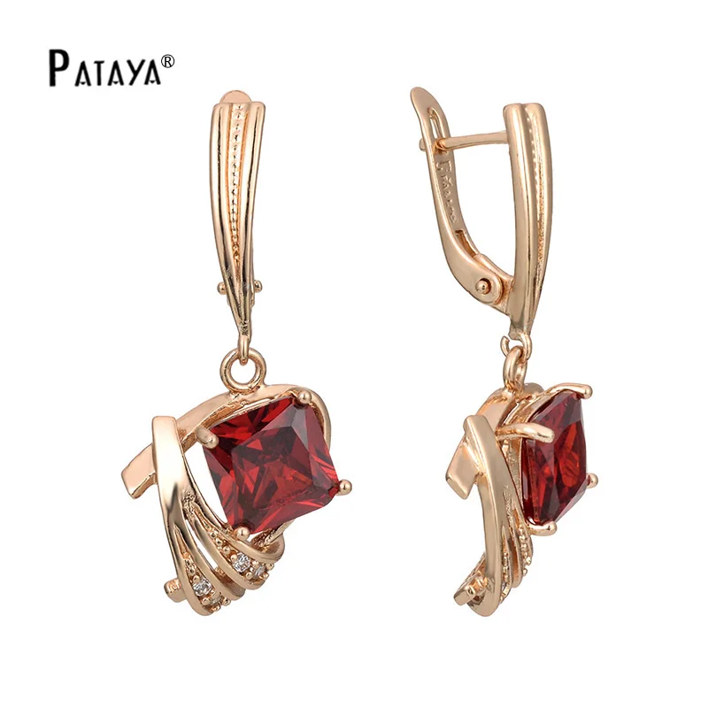 

PATAYA 585 Rose Gold Long Earrings Red Natural Zirconia Square Blue Cubic Zircon Women Jewelry Luxury White Dangle Earrings