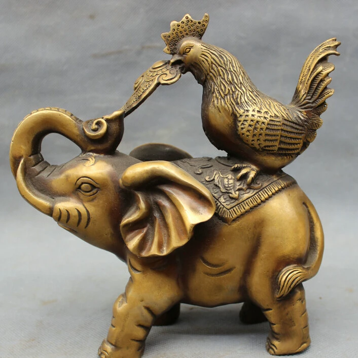 

JP S0114 8" Folk Chinese Bronze RuYi Cock Rooster On Elephant Statue Animals Figurine B0403