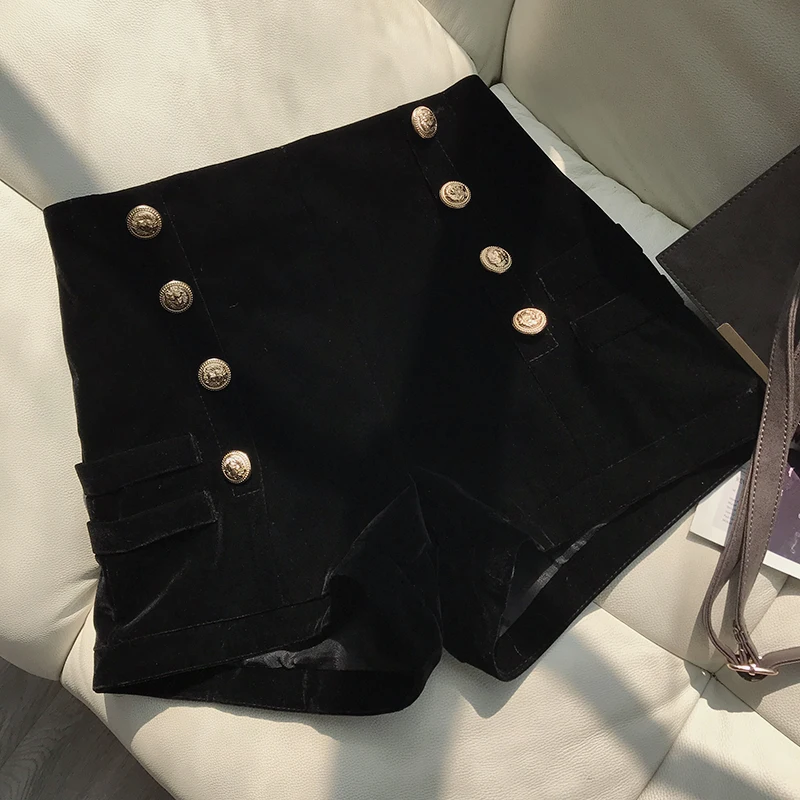 

2018 New Fashion Velour Shorts Women's Black High Waist Wide Leg Basic Shorts Female Students All-match Short Trousers Outwear