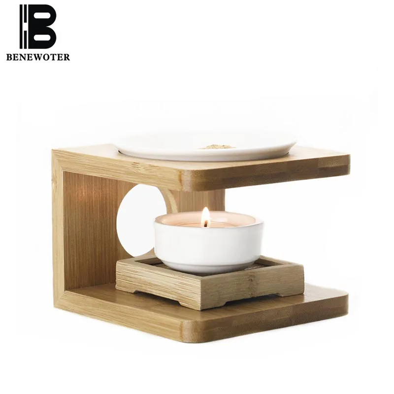 Natural Bamboo Frame Ceramic Incense Burner Candle Aroma Lamps Candles
