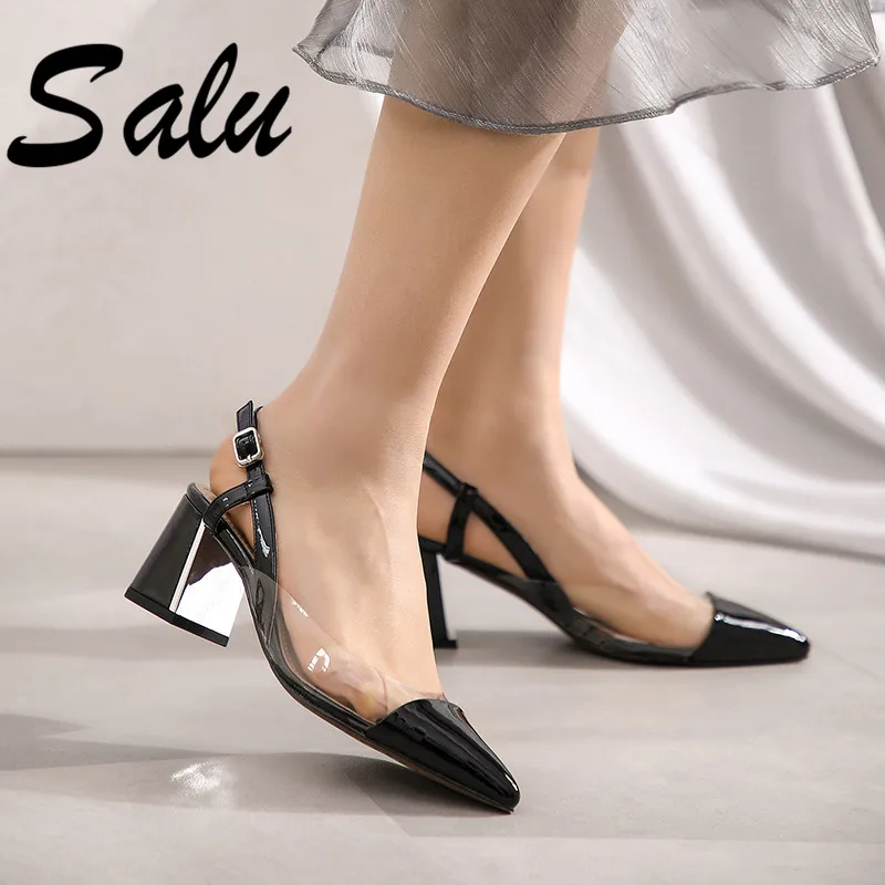 

Salu 2019 Women Genuine Leather Shoes Square High Heels Buckles Ladies Wedding Party Shoes Woman Summer Sandals