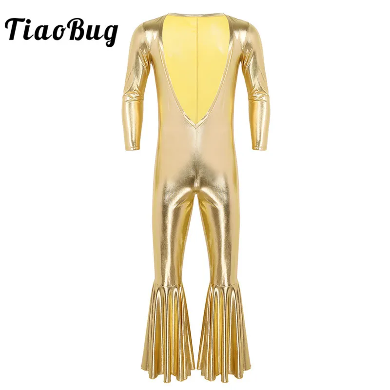 

TiaoBug Shiny Metallic Deep V Neck Bell Bottom Flare Catsuit Leotard Men Bodysuit Club Party Festival Rave Jazz Dance Costume