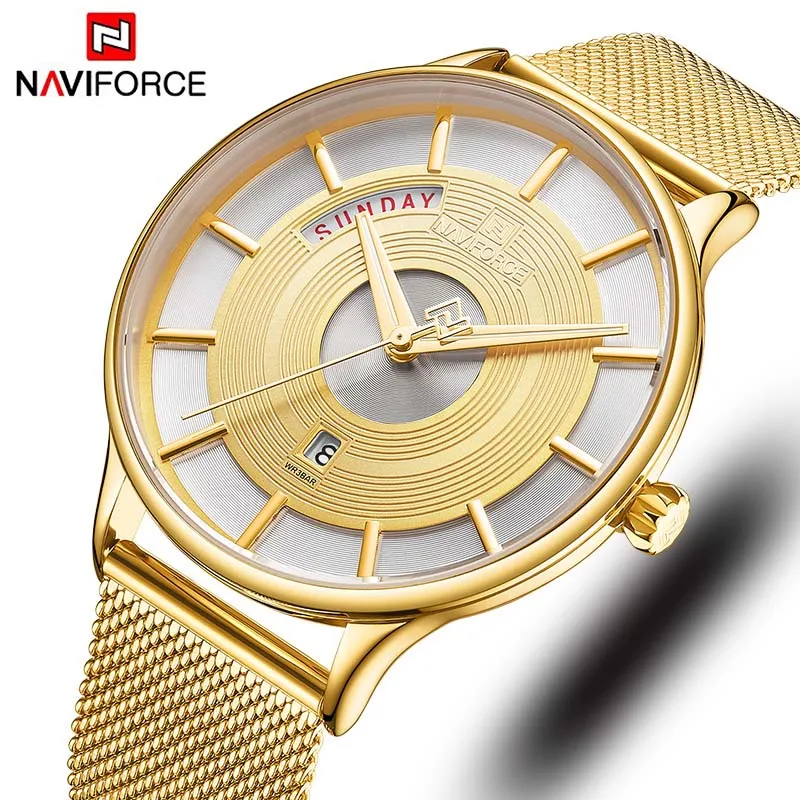 Naviforce, мужские часы, ультра тонкие, синие, из нержавеющей стали, Роскошные, мужские часы, синие, мужские, s часы, лучший бренд, Роскошные, мужские часы, наручные часы - Цвет: Gold Gold Gold