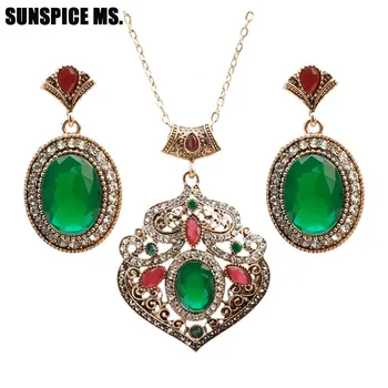 

Vintage Turkish Big Natural Stone Jewelry Sets Round Drop Earrings Flower Pendant Necklace Antique Indian Ethnic Wedding Bijoux