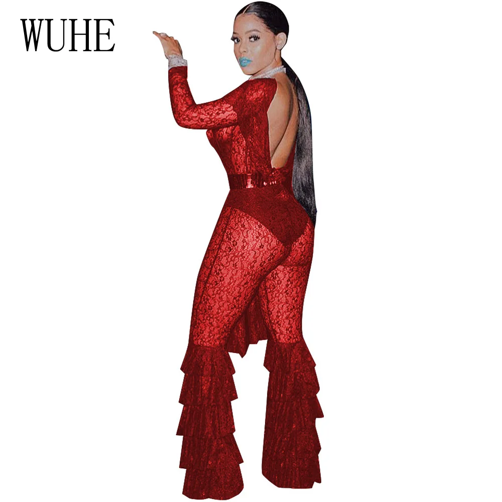 WUHE Women Sheer Long Sleeve Lace Jumpsuit Sexy See Through Multilayer Ruffles Bodycon Rompers Night Club Party Overalls