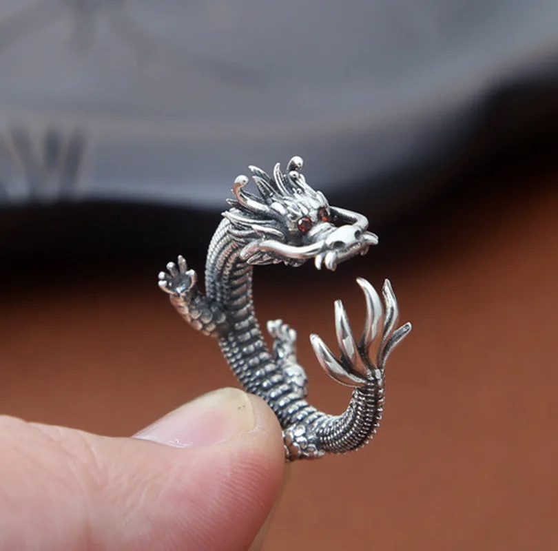 

925 Sterling Silver Rings Mens Personalized Retro Tyrants Dragon Opening Ring Punk Jewelry