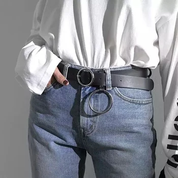 

1pc Women Round Buckle Leather Wild Belts Alloy Buckle Ring Jeans Belts Pants Accessories Black Casual Belt