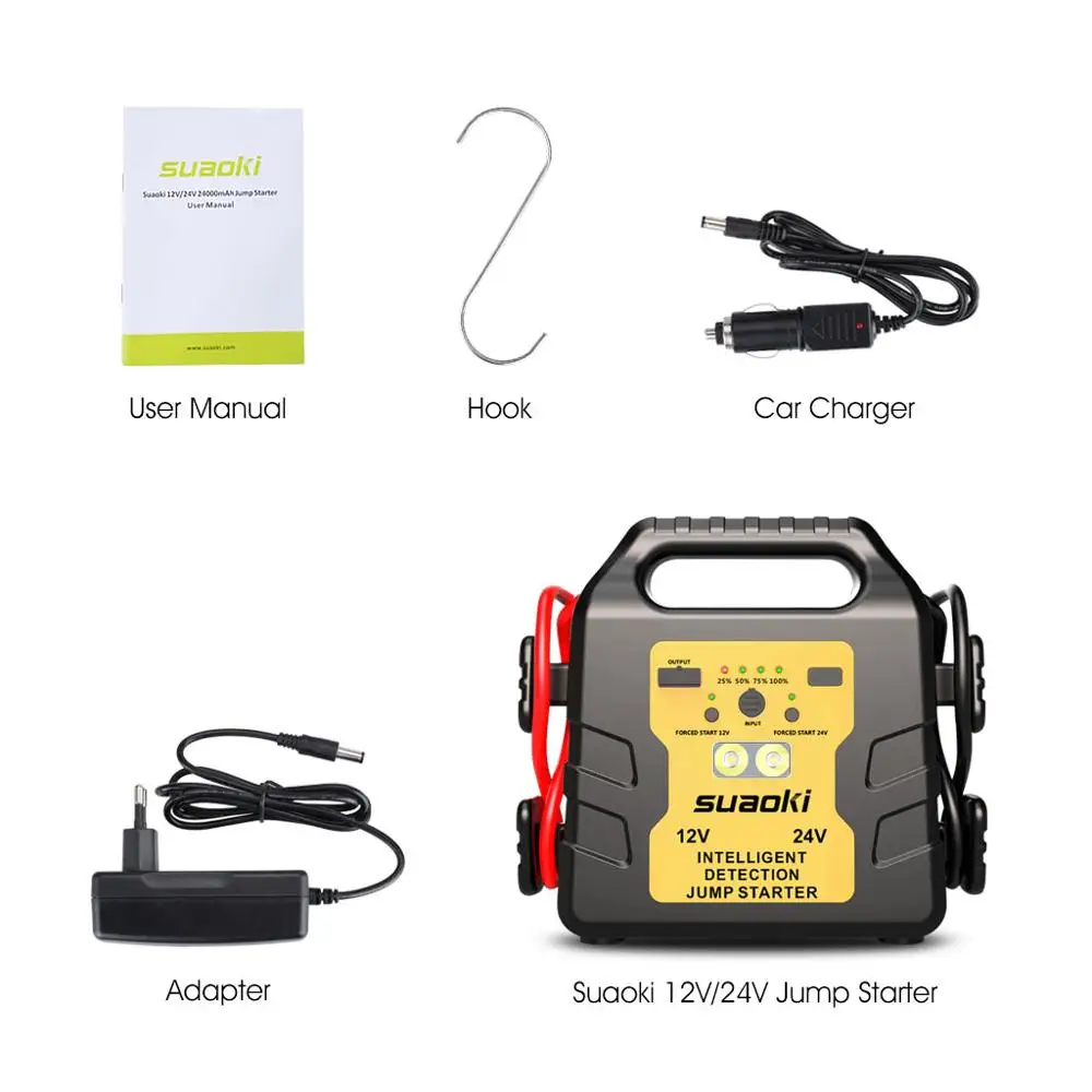 Suaoki 12 V/24 V аварийный автомобильный стартер 1000A пиковый 24000 mAh перезаряжаемый