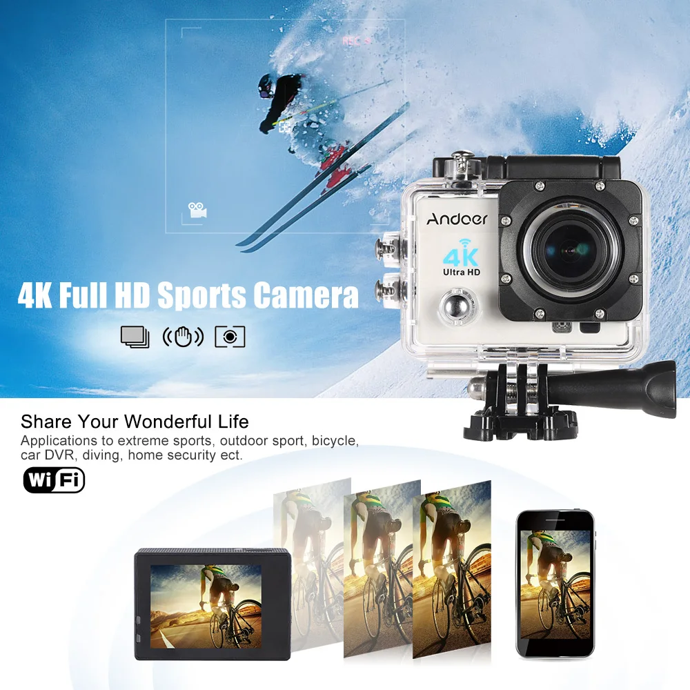 Andoer Q3H " ультра-hd ЖК-дисплей 1080P 4K экшн Камера Wi-Fi 16MP 170 широкоугольный объектив с фокусным расстоянием спортивная видеокамера для подводной съемки с Водонепроницаемый чехол для видеокамеры