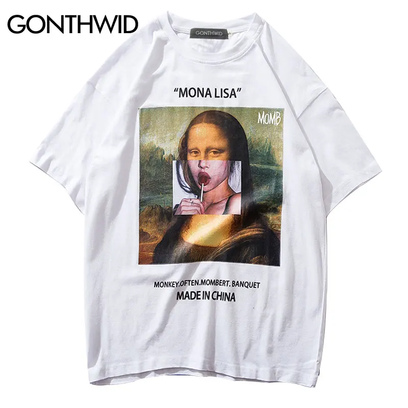 Мужские футболки с коротким рукавом GONTHWID забавные уличные принтом Mona Lisa лето 2020