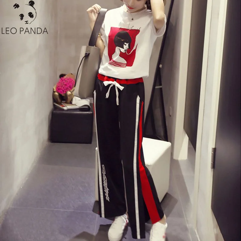 

2019 Summer Autumn Tracksuit 2 Piece Set Mulher Short Sleeve Tops+Split Wide Leg Pants Sporting Suit Casual Suit Women Clothes