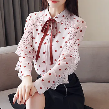 

2020 Spring New Arrival Korean Style Ruffles Long Sleeve Chiffon Blouse With Bow Dot Print Turn-Down Collar Shirt Free Shipping