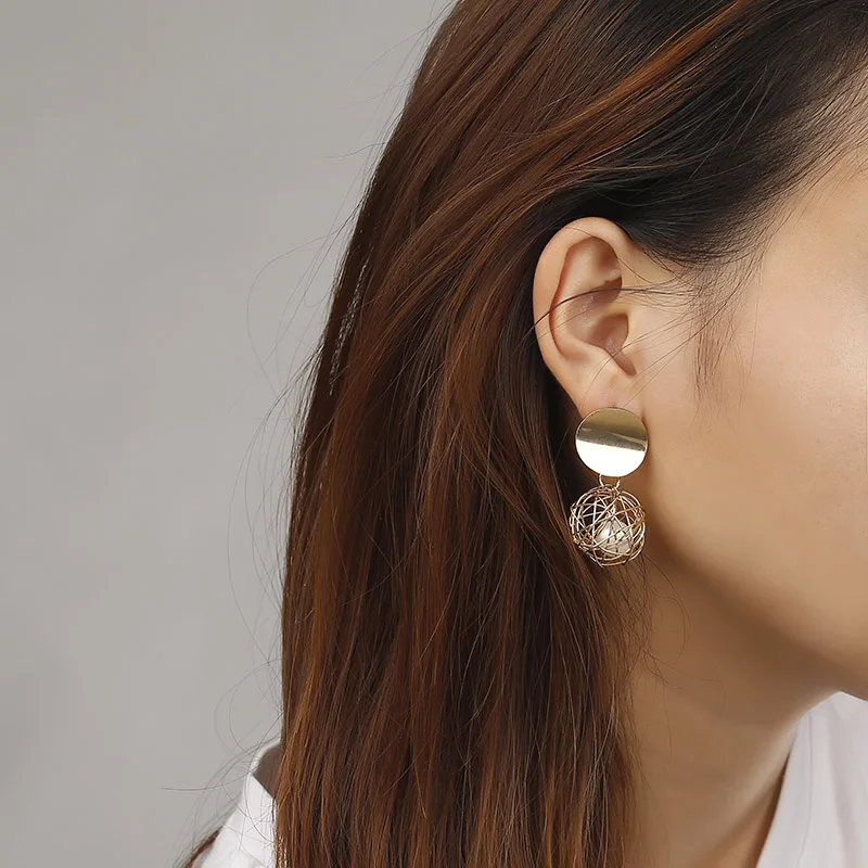 

New Gold Color Geometric Circle Drop Earring Imitation Pearls Wire Ball Earring for Women Brincos Oorbellen ez10