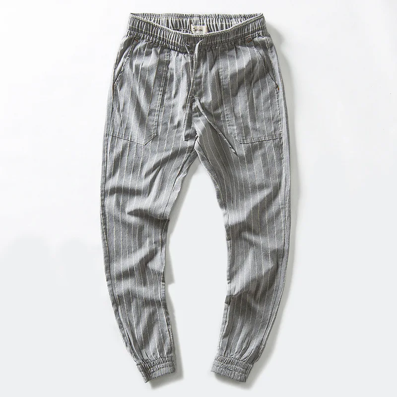 Весенние и осенние мужские модные брендовые классические эластичные хлопковые льняные брюки с вертикальными полосками, мужские повседневные брюки-карандаш