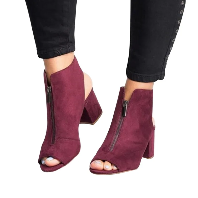 

LASPERAL Ankle Boots Faux Suede Leather Casual Open Peep Toe High Heels Zipper Fashion Square Rubber Black Shoes For Women