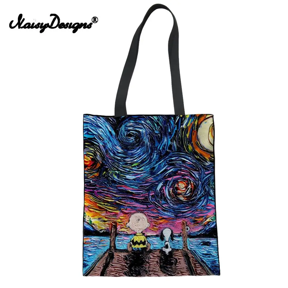 Famous Painting Starry Sky Printed Canvas Bag Women Totes Shoulder Colorful Linen Handbag For Female Lady Reusable Shopping Tote
