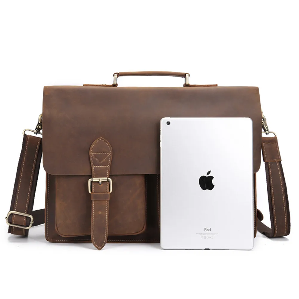 Genuine Leather Business Briefcase Men Vintage 15.6 Inch Laptop Messenger Portfolio Handbag Bag Male Shoulder Crossbody Totes