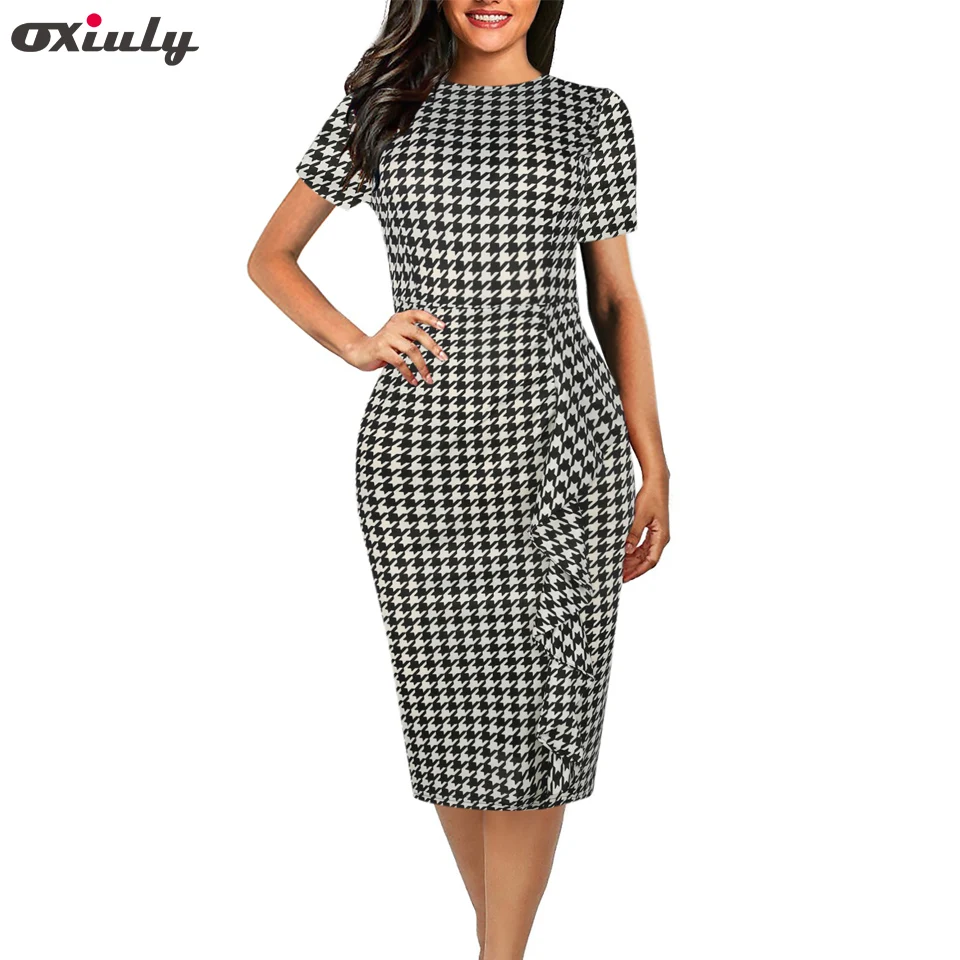 

Oxiuly Women Vintage Short Sleeve Houndstooth Dress Bandage Bodycon Dress Sheath Party Dress Vestidos Mujer