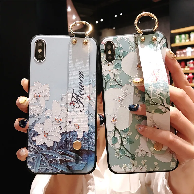 

Wrist Strap Phone Case For iphone 7 8 6 6s plus Case For iphone X Xs Max XR Flower Floral Pattern Soft TPU Finger Ring Cases