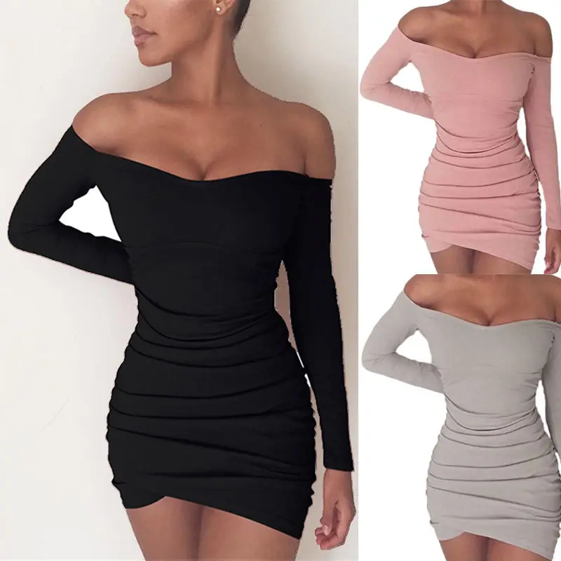

Hot Fashion Elegant Women Off Shoulder Solid Bodycon Long Sleeve Evening Party Short Mini Dress