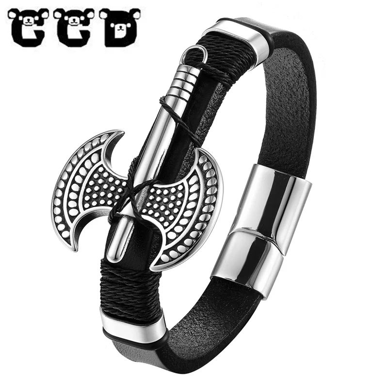 

Fashion Handmade Cross Wide Cuff Bracelets Stainless Steel Genuine Leather Bracelets Men Axe Bracelets & Bangles for Women Jewel