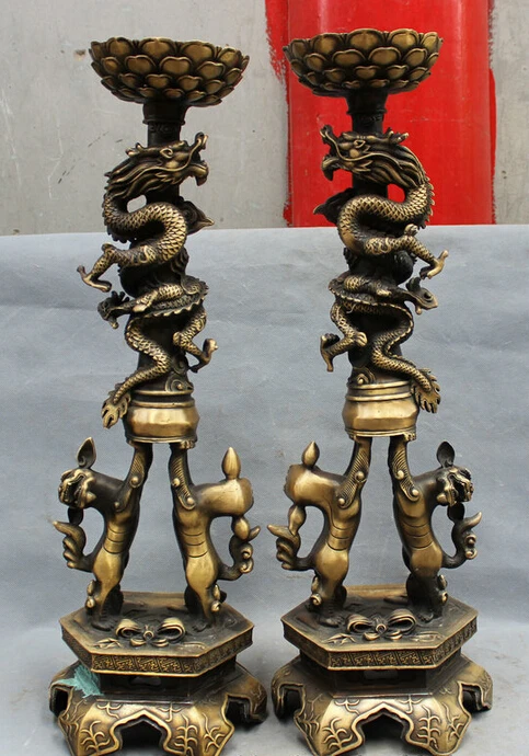 

USPS to USA S1481 23" Chinese Bronze Dragon Foo Fu Dog Lion Statue Lotus Candle Stick Holder Pair B0401