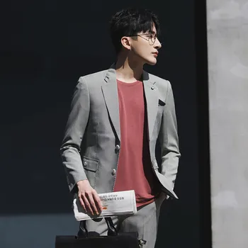 

Men's suit fashion gray pinstripe men's long-sleeved suit shorts two-piece men's summer business casual suit