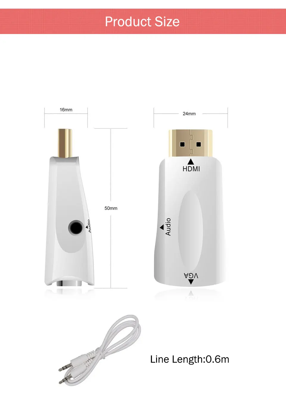 HDMI to VGA Adapter Converter with Audio Cable Male To Female 1080P For PCHDTVDVDXbox PS3 Projector Black and White 2018 New (3)