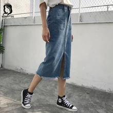 Корейский Для женщин джинсовая юбка женская мода одноцветное Цвет Синий Юбки Для женщин s карманы Высокая талия женщин разработан Мода студентов Chic