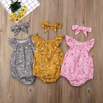 

2019 Summer Floral Jumpsuit Outfit Sunsuit Headband Costume Clothing Toddler Newborn Baby Girls Ruffle Sleeveless Bodysuit