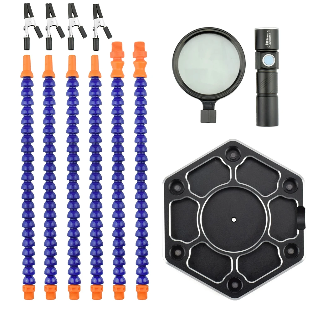 Günstige NEWACALOX Third Hand Löten PCB Halter Werkzeug Sechs Arme Helping Hands mit Lupe Objektiv USB Ladung Mini LED Taschenlampe