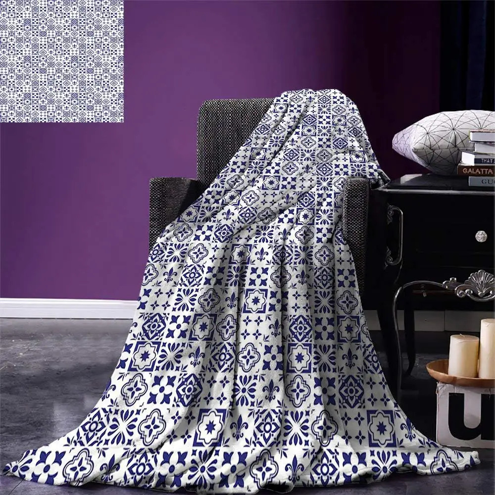 

Indigo and White Throw Geometric Pattern Portuguese Azulejo Design Tile Square Abstract Pattern Warm Microfiber Blanket