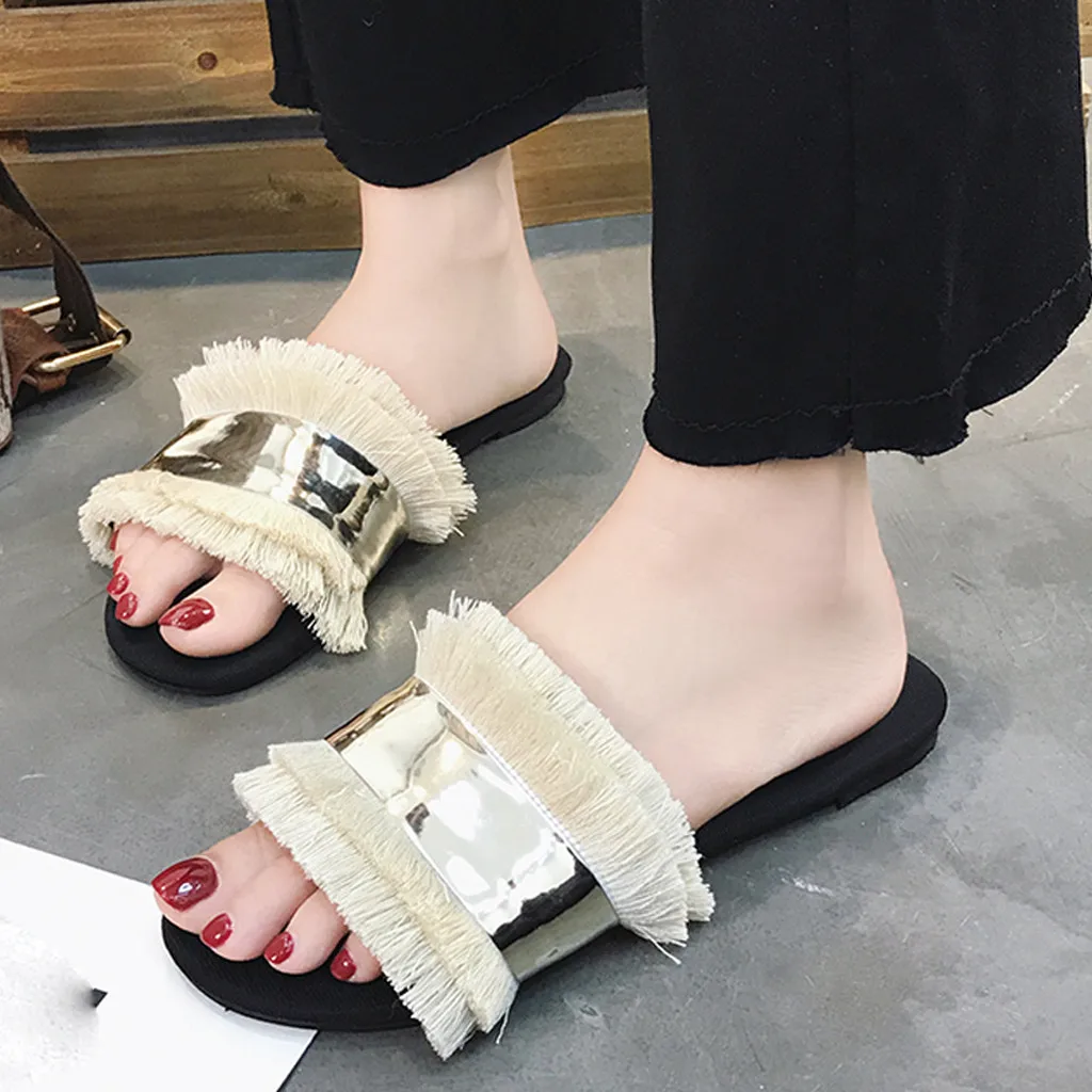 

MUQGEW Hot Style Summer Slippers Women Casual Flats Fringe Sandals Slip On Sandals Ladies Shoes Cloth Outdoor Beach Slippers
