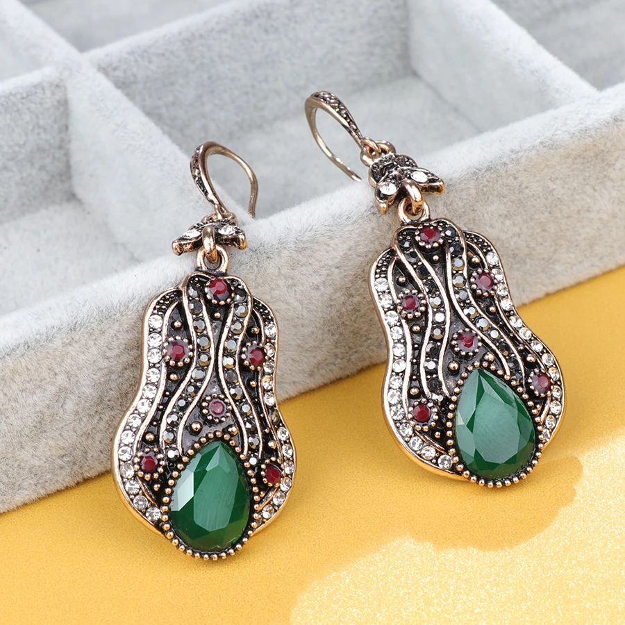 Kinel Bohemia Drop Earrings For Women Antique Gold Color Punk Green Resin Big Earring Vintage Jewelry Crystal Gift